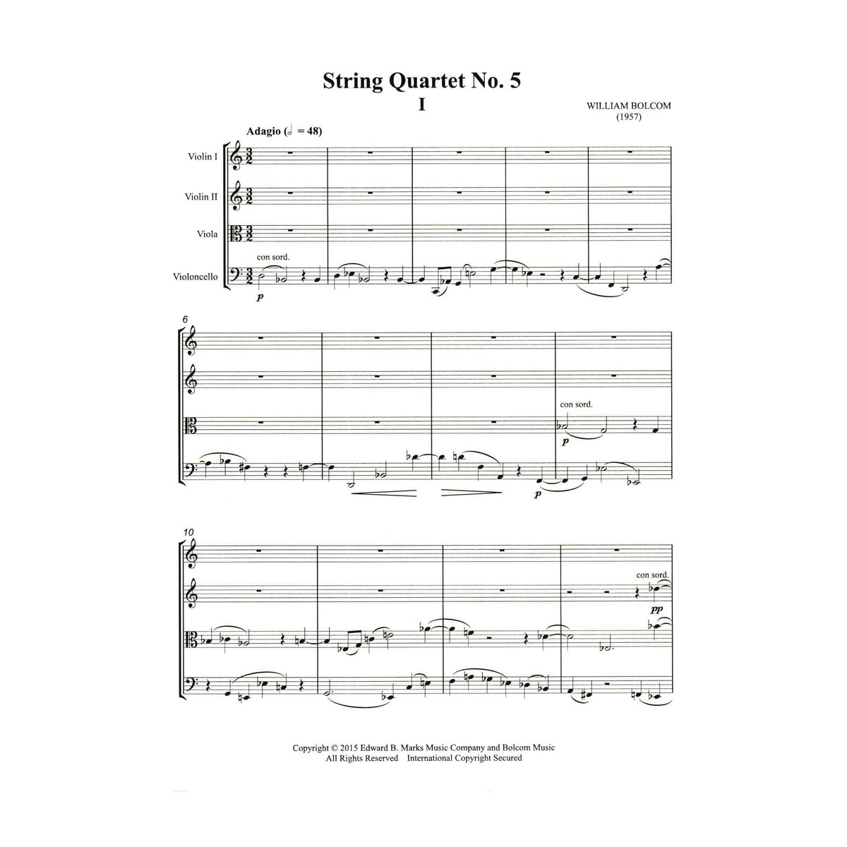Bolcom, William - String Quartet No. 5 - Score and Parts - Edward B. Marks Music Company