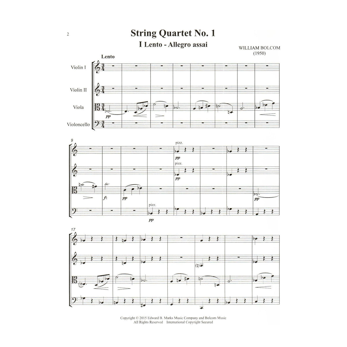 Bolcom, William - String Quartet No. 1 - Score and Parts - Edward B. Marks Music Company