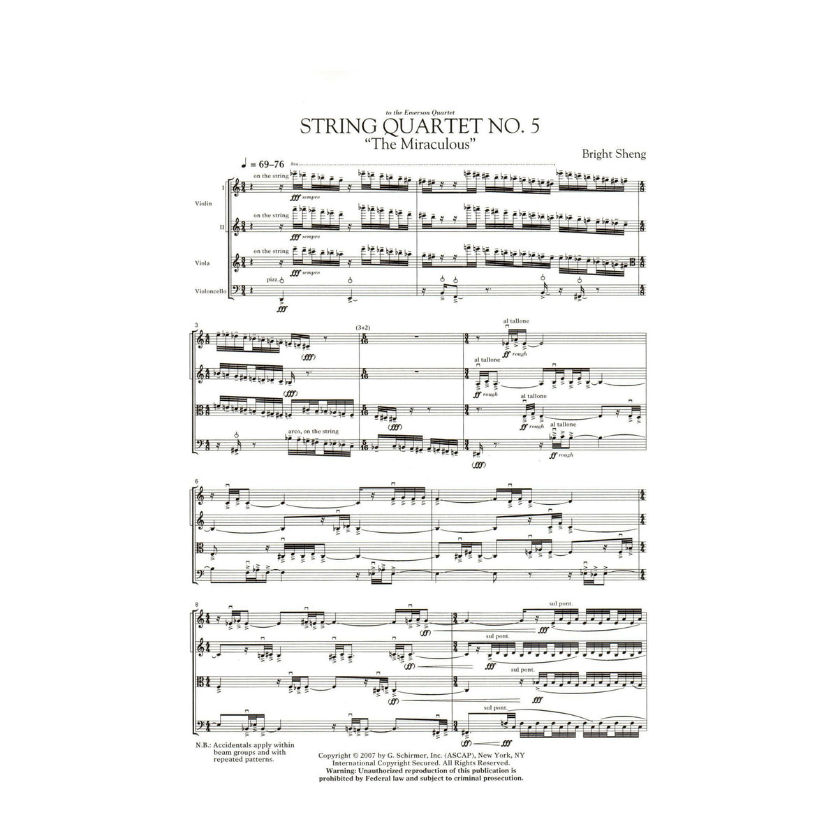 Sheng, Bright - String Quartet No. 5, "The Miraculous" - for 2 Violins, Viola, and Cello - G Schirmer Edition