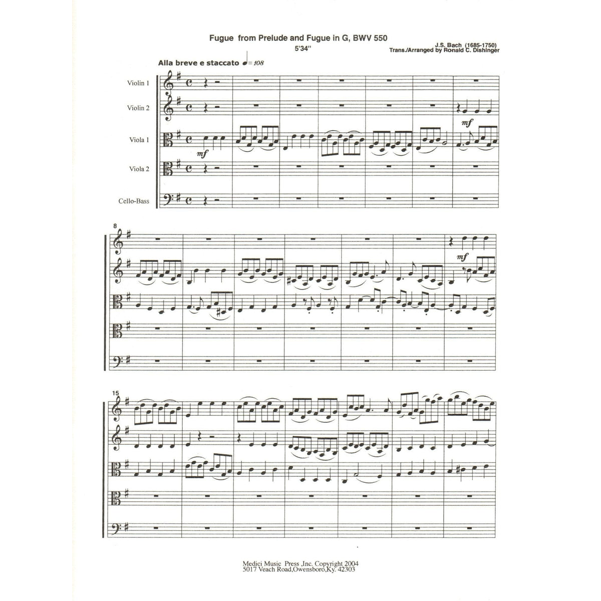 Bach, J.S. - Fugue from Prelude and Fugue in G (BWV 550) - for String Quintet - arranged by Dishinger - Medici Music Press