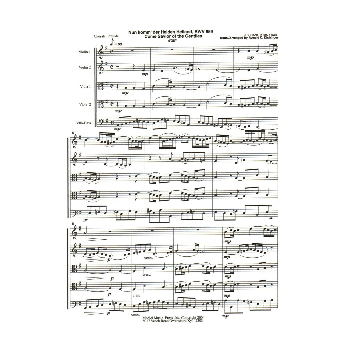 Bach, J.S. - Come Savior of the Gentiles (BWV 659) - for String Quintet or Orchestra - arranged by Dishinger - Medici Music Press