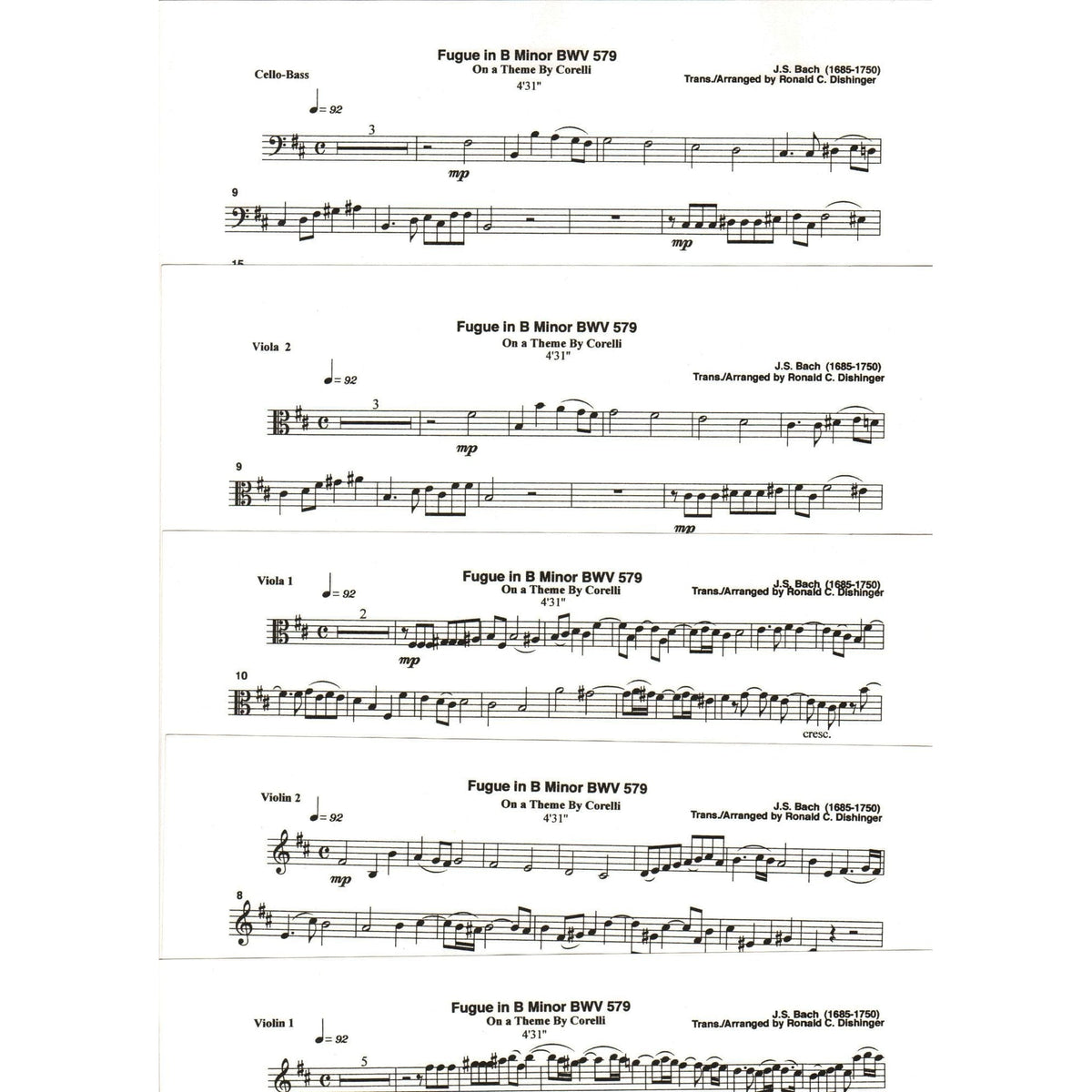 Bach, J.S. - Fugue in B Minor on a Theme of A. Corelli (BWV 579) - for String Quintet - arranged by Dishinger - Medici Music Press