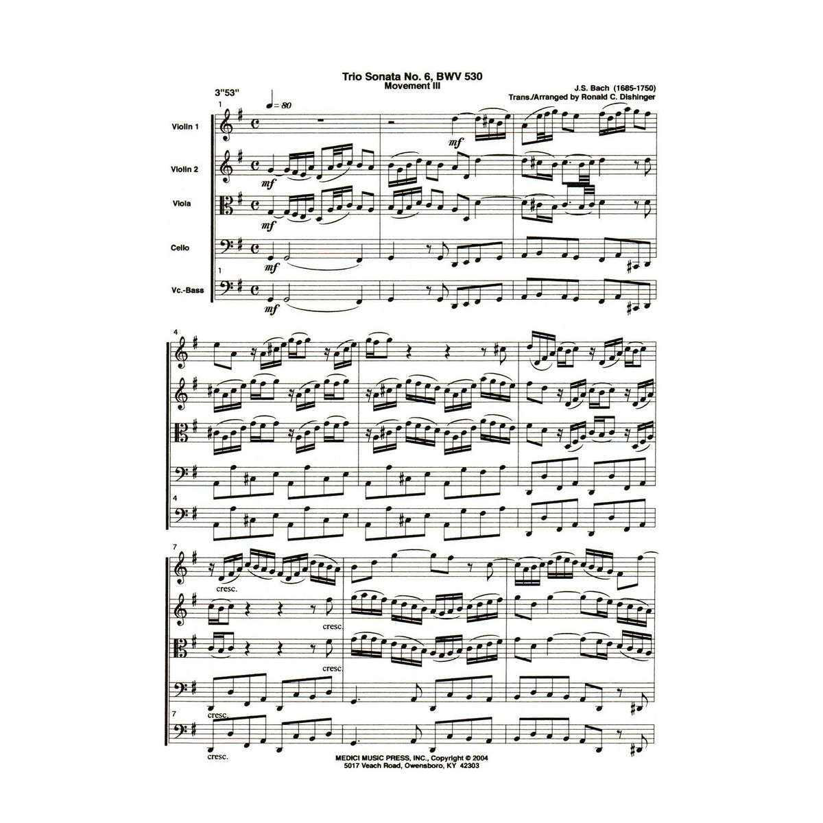 Bach, J.S. - Trio Sonata No. 6, Mvt. III, from BWV 530 - for String Quintet or Orchestra - transcribed by Dishinger - Medici Music Press