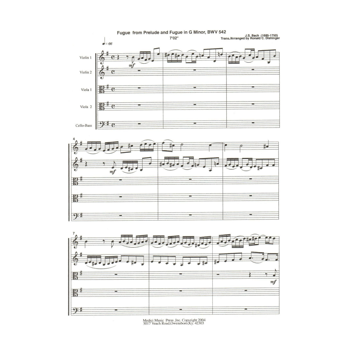 Bach, J.S. - Fugue from Prelude and Fugue (BWV 542) - for String Orchestra - arranged by Dishinger - Medici Music Press