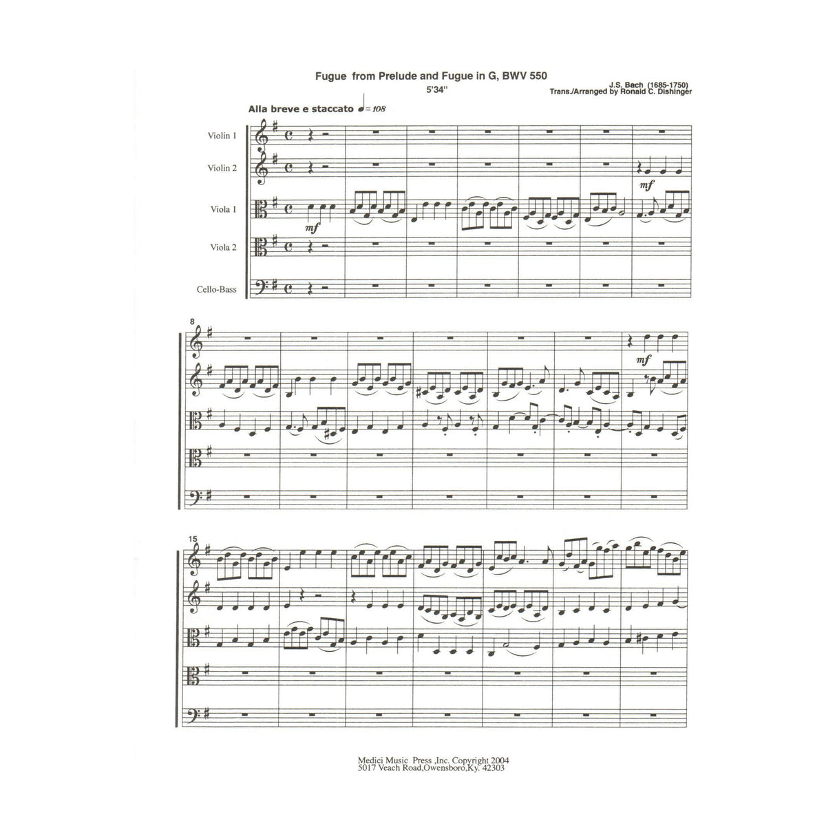 Bach, J.S. - Fugue from Prelude and Fugue in G (BWV 550) - for String Orchestra - arranged by Dishinger - Medici Music Press