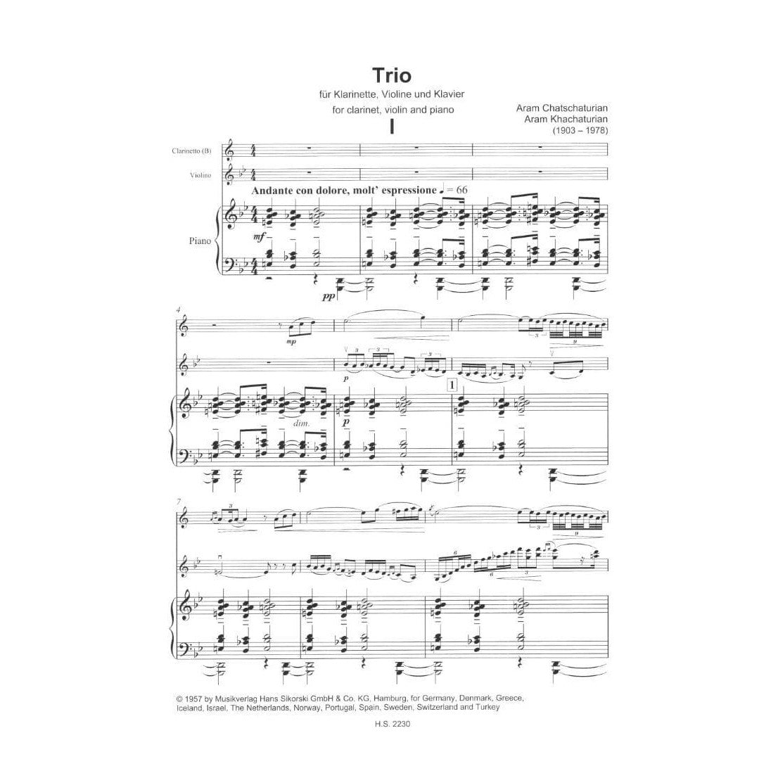 Khachaturian, Aram - Trio for Clarinet, Violin, and Piano - Edition Sikorski