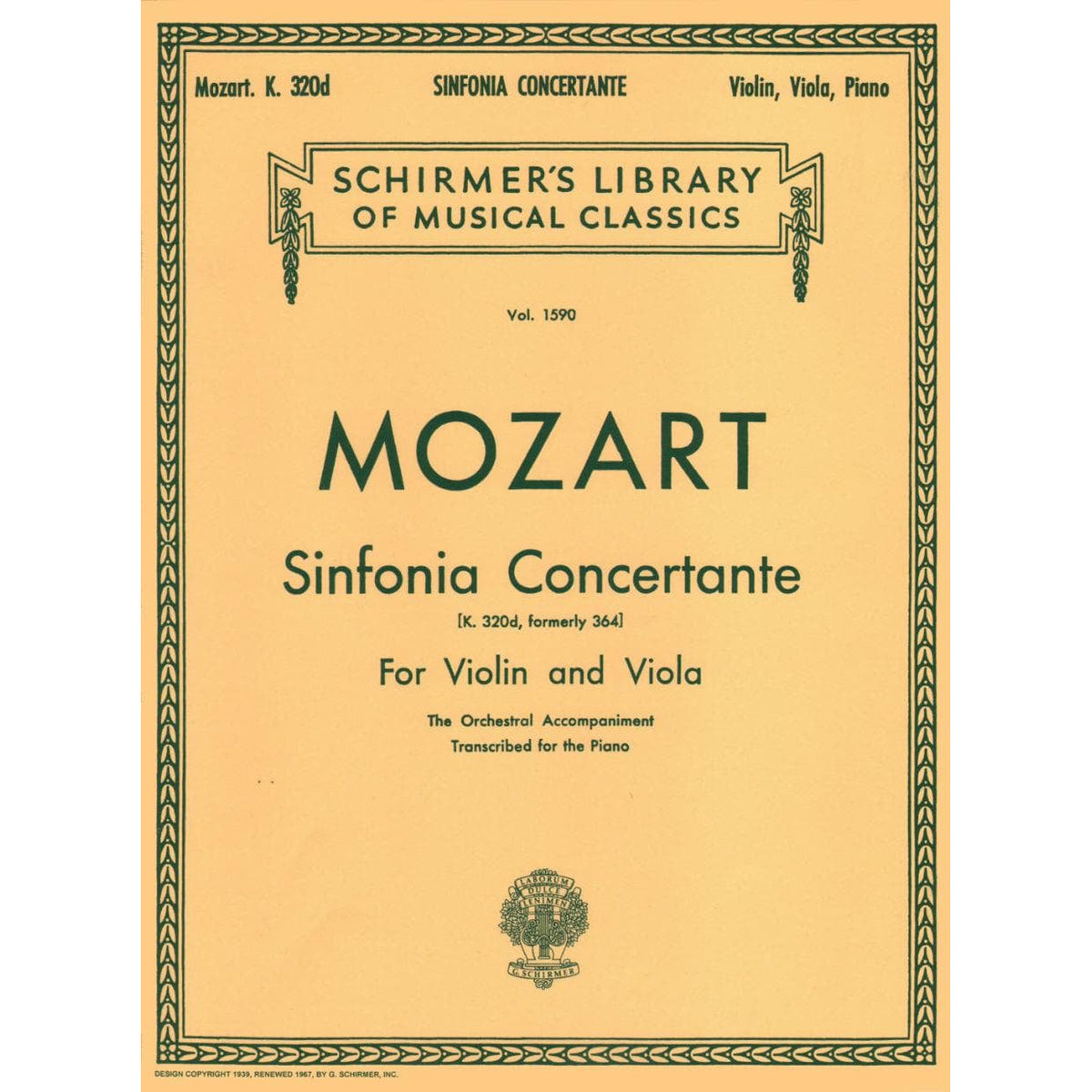 Mozart, WA - Sinfonia Concertante, K 364 - Violin, Viola and Piano - G Schirmer Edition
