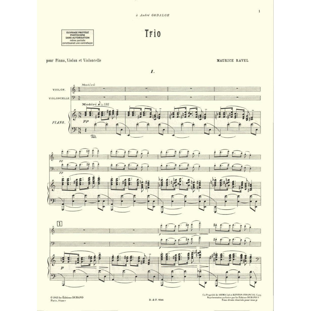 Ravel, Maurice - Piano Trio (1914) For Violin Cello and Piano Published by Editions Durand