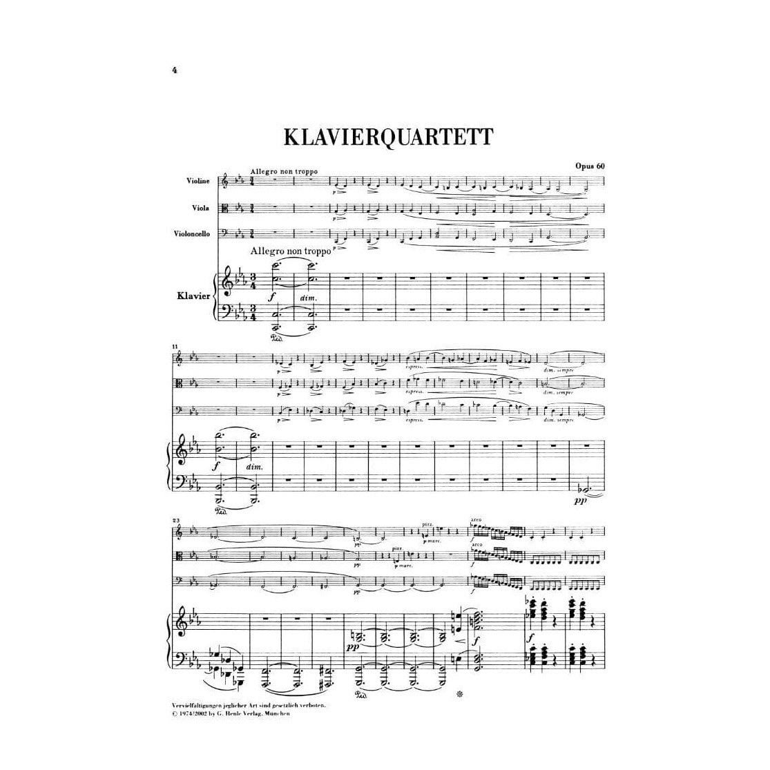 Brahms, Johannes - Piano Quartet No 3 in c minor Op 60 for Violin, Viola, Cello and Piano - Henle Verlag URTEXT Edition
