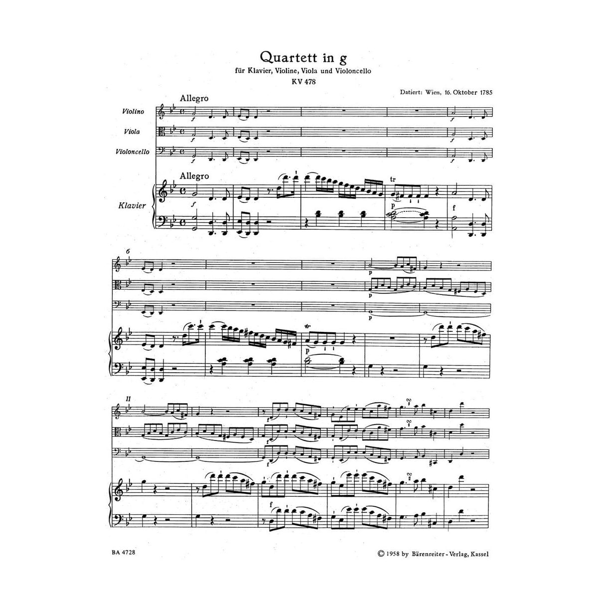 Mozart, WA - Piano Quartet in g minor, K 478 - Violin, Viola, Cello, and Piano - edited by Hellmut Federhofer - Bärenreiter Verlag URTEXT