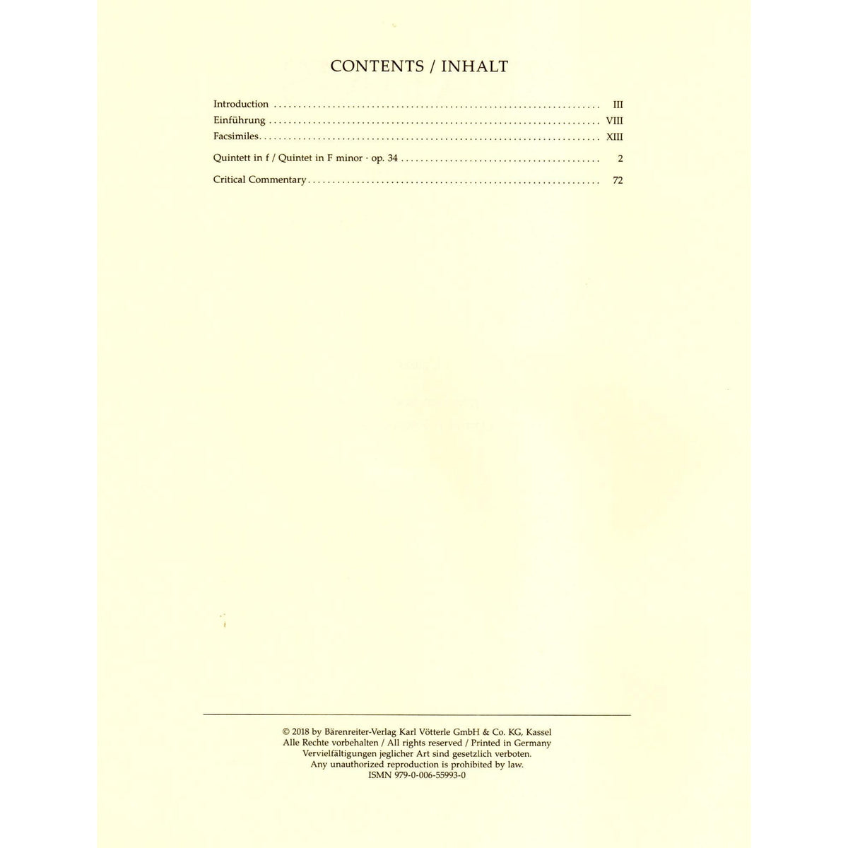 Brahms, Johannes - Piano Quintet in F minor, Op. 34 - Barenreiter Urtext