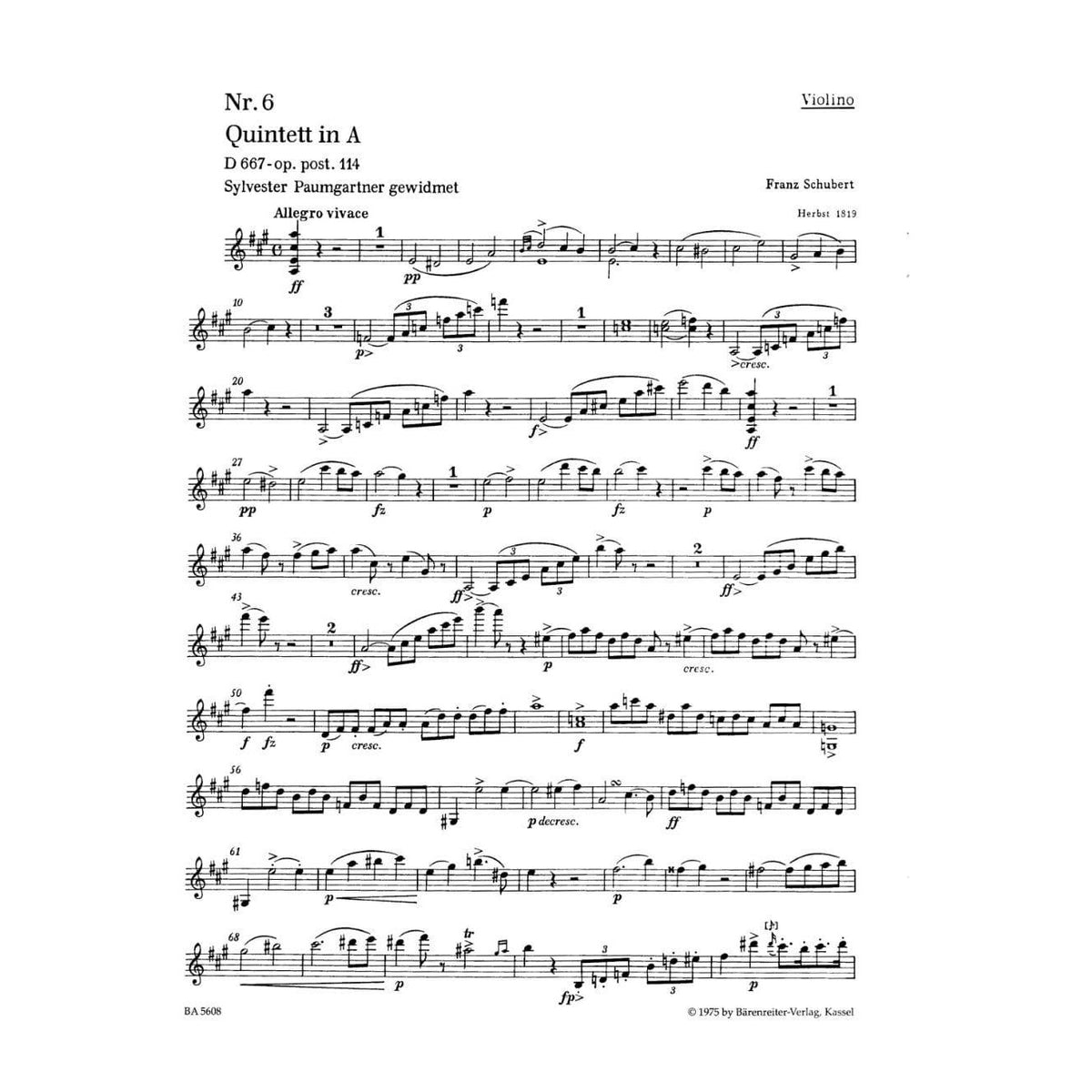 Schubert, Franz - Quintet in A Major Op 114 ( Trout ) URTEXT Published by Barenreiter Verlag