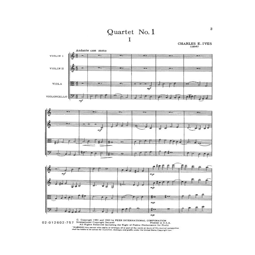 Ives, Charles -String Quartet No 1 (1896) - SCORE ONLY - Peer International Edition