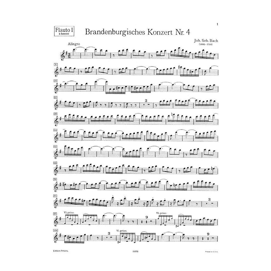 Bach, J.S. - Brandenburg Concerto No. 4, BWV 1049 - Flute 1 Part - Peters Edition