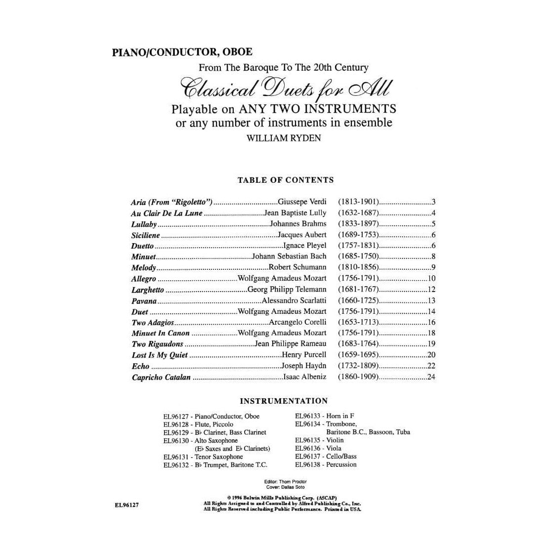 Ryden, William - Classical Duets For All, Piano/Conductor's Part Published by Alfred Music Publishing