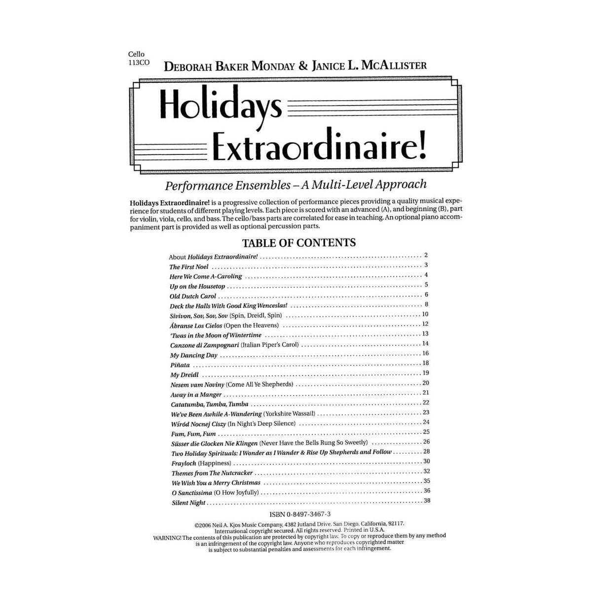 Monday, Deborah Baker - Holidays Extraordinaire! - Cello - edited by Janice McAllister - Kjos Music Co