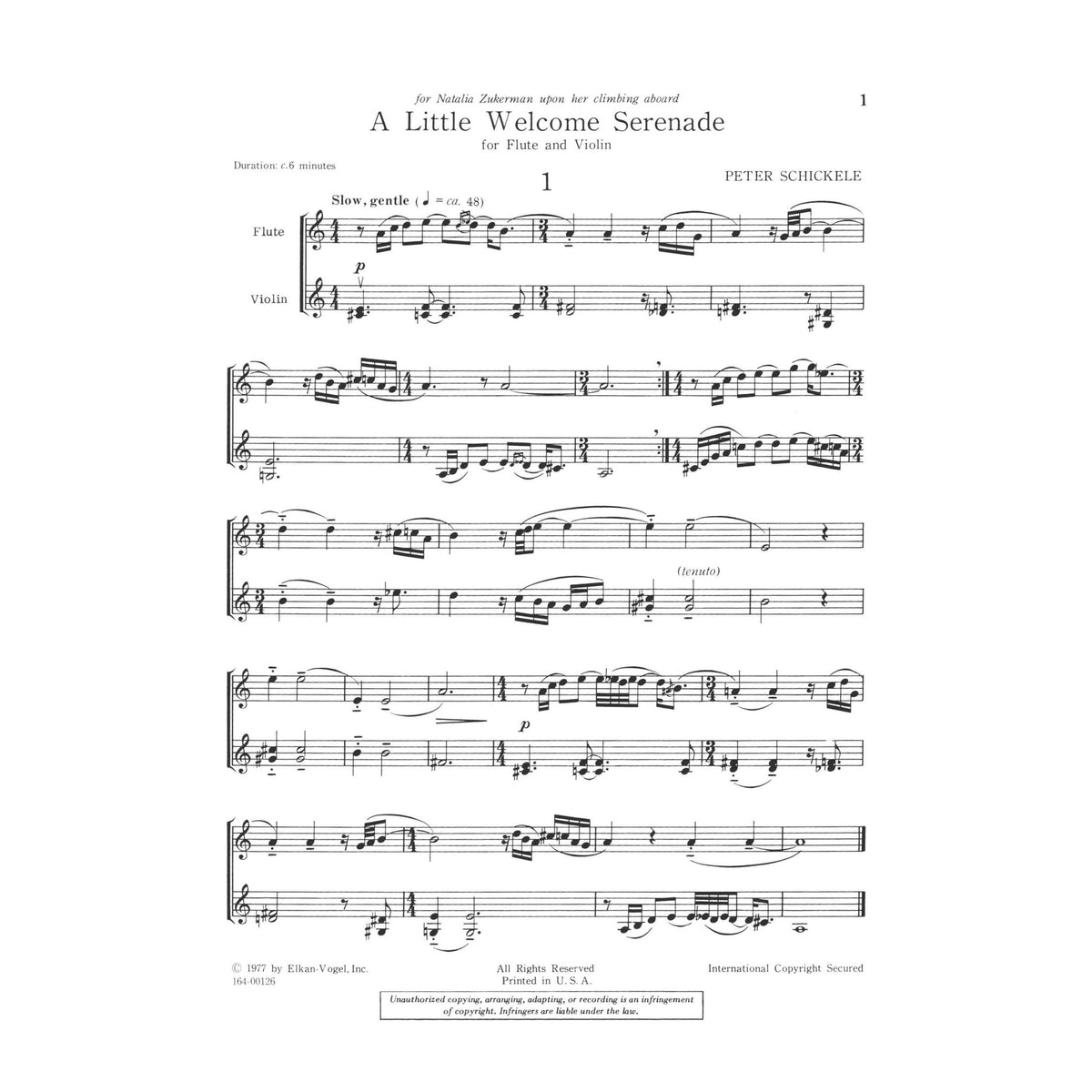 Schickele, Peter - A Little Welcome Serenade - Flute and Violin - Elkan-Vogel Edition