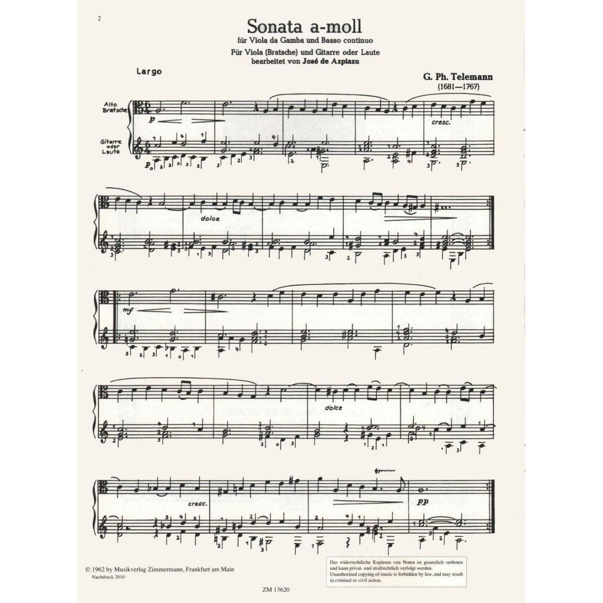 Telemann, Georg Philipp - Sonata in a minor For Viola and Guitar Published by Zimmermann Frankfurt