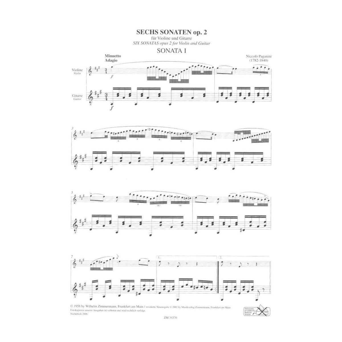 Paganini, Niccolò - Six Sonatas for Violin and Guitar, Op 2 - edited by Erwin Schwarz-Reiflingen -Zimmermann Edition