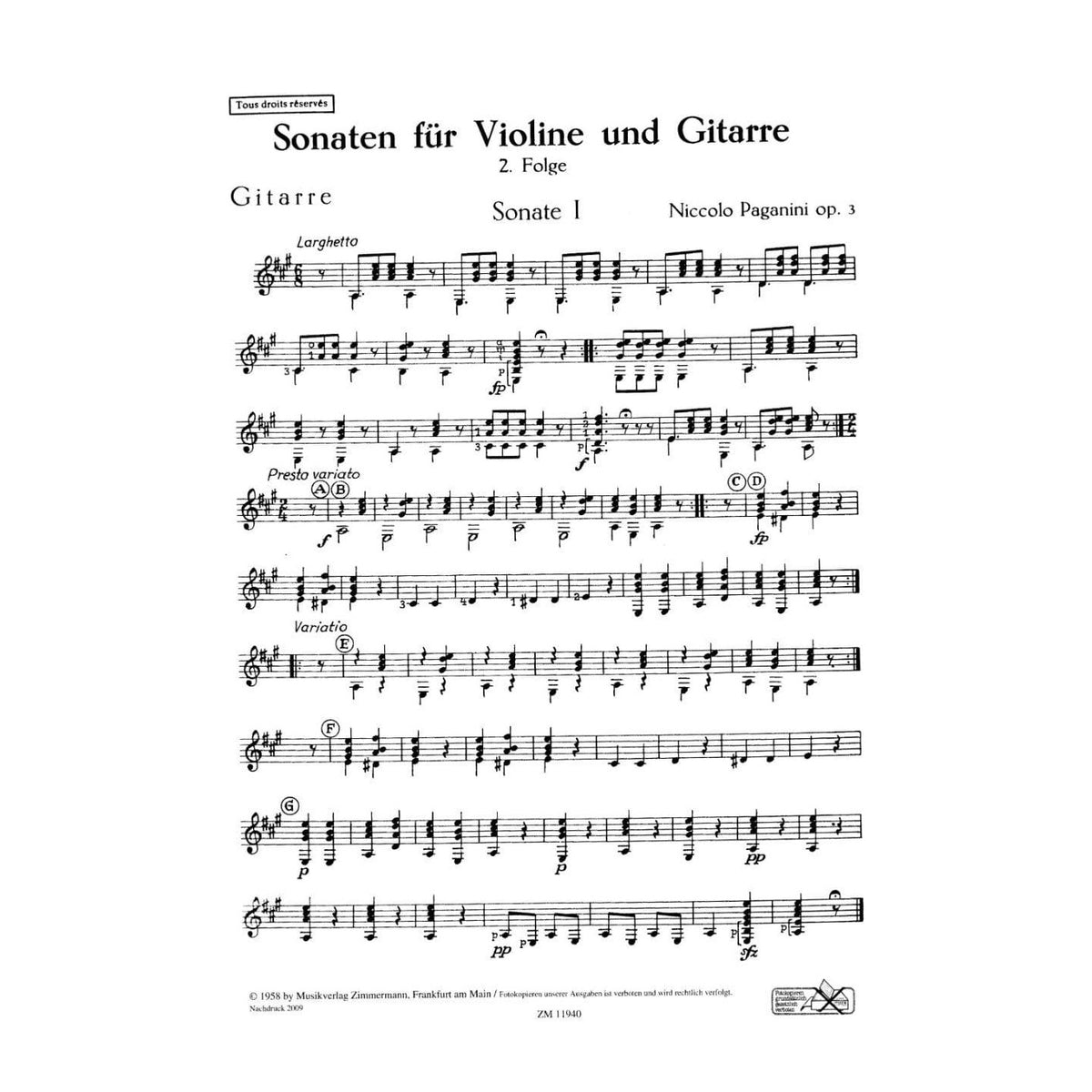 Paganini, Niccolò - Six Sonatas for Violin and Guitar, Op 3 - edited by Erwin Schwarz-Reiflingen - Zimmermann Edition