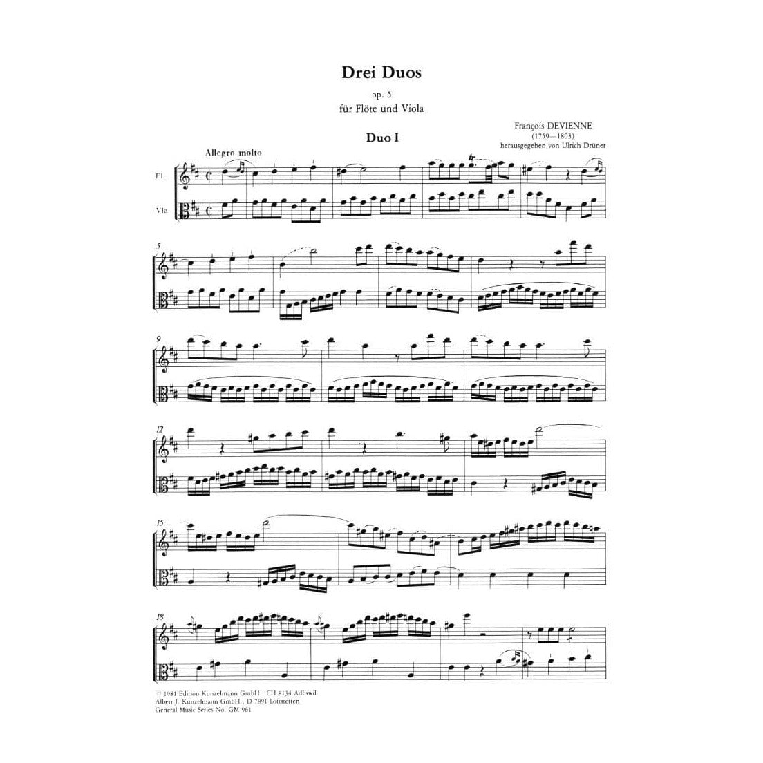 Devienne, François - Three Duos For Flute and Viola, Op 5 - edited by Druener - Kunzelmann Edition