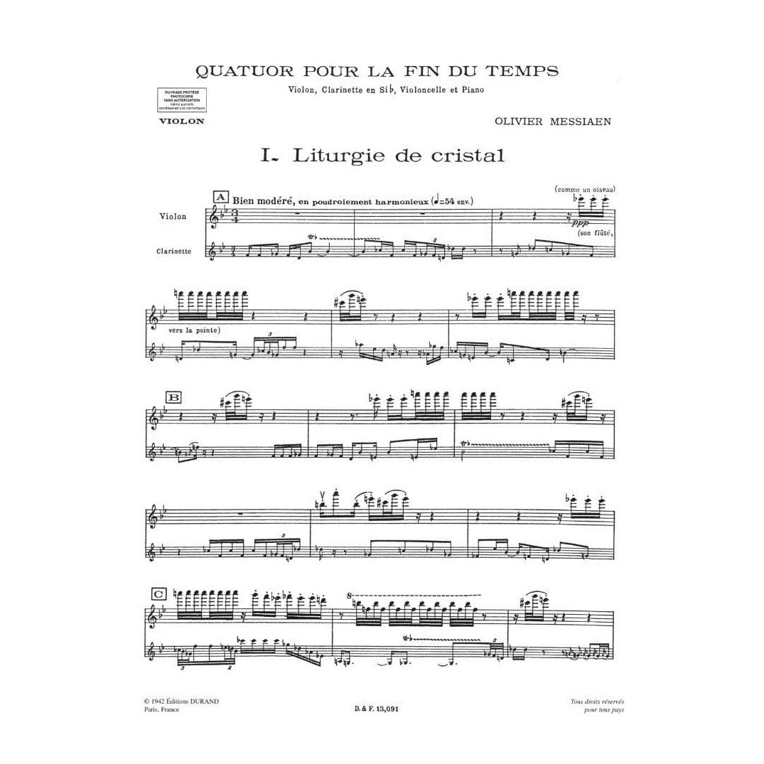 Messiaen, Olivier - Quartet for the End of Time - Violin, Clarinet, Cello, and Piano - Editions Durand