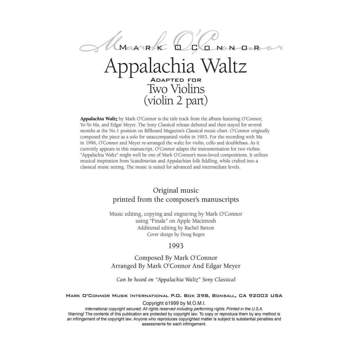 O'Connor, Mark - Appalachia Waltz for 2 Violins - Violin 2 - Digital Download