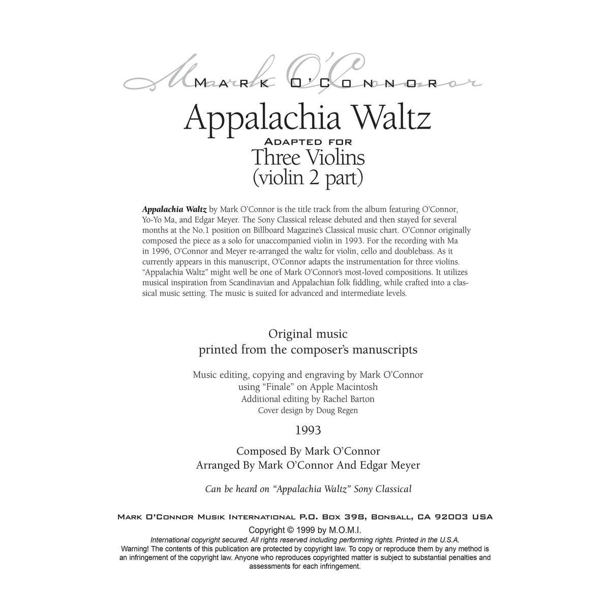 O'Connor, Mark - Appalachia Waltz for 3 Violins - Violin 2 - Digital Download