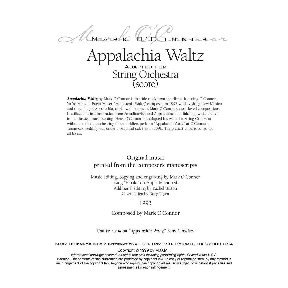 O'Connor, Mark - Appalachia Waltz Orchestral - Score - Digital Download
