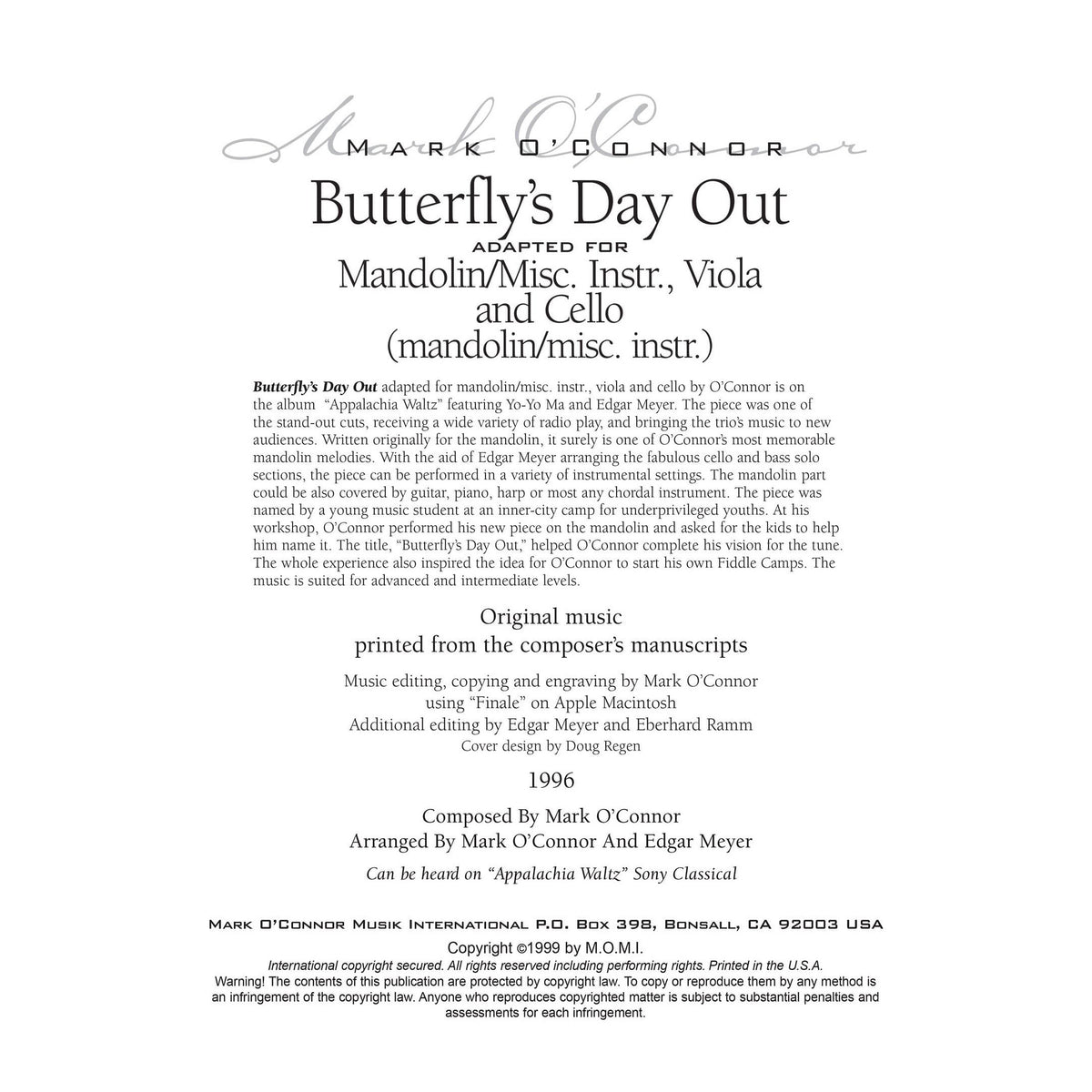 O'Connor, Mark - Butterfly's Day Out for Mandolin, Viola, Cello - Mandolin - Digital Download