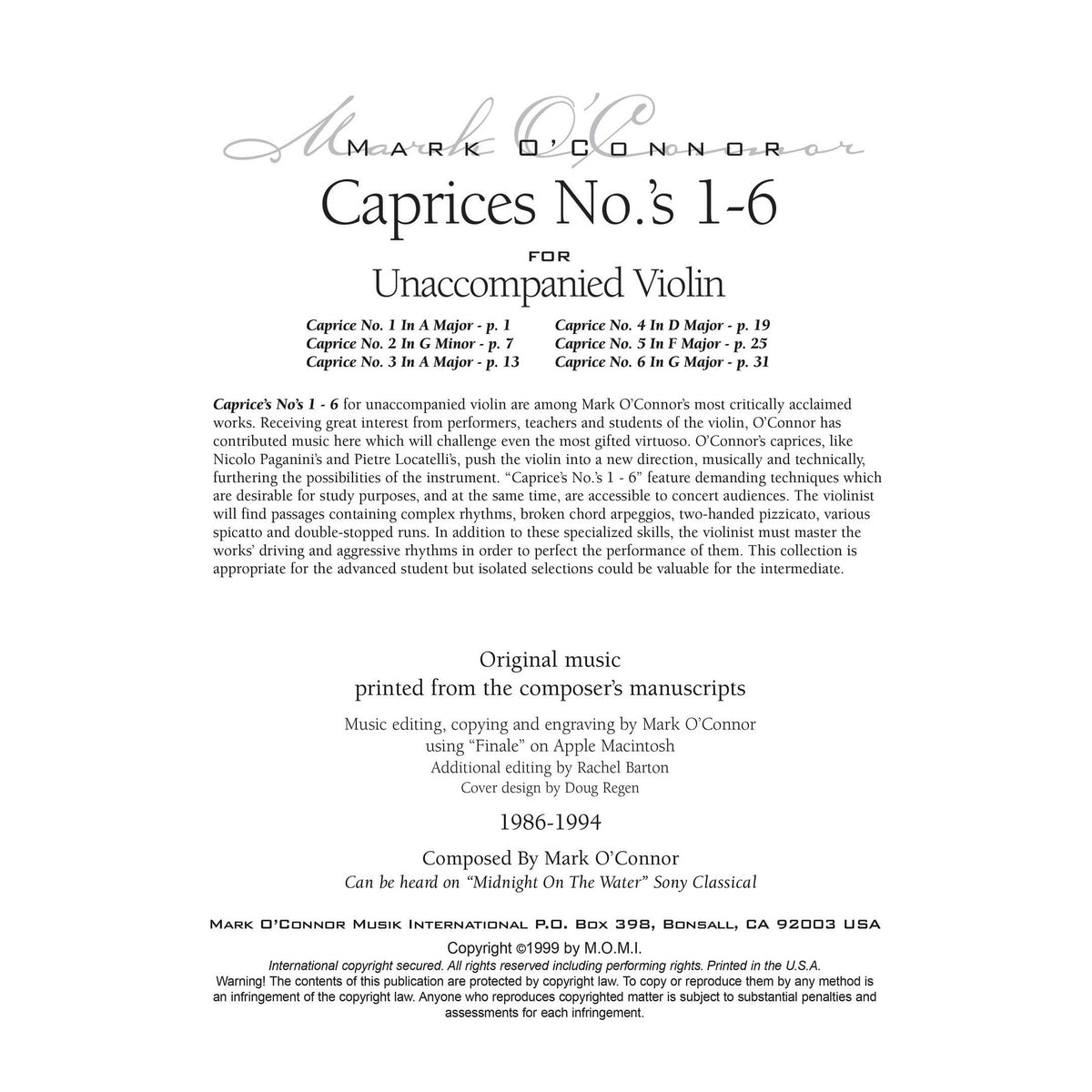 O'Connor, Mark - Caprices No.'s 1-6 for Unaccompanied Violin - Digital Download
