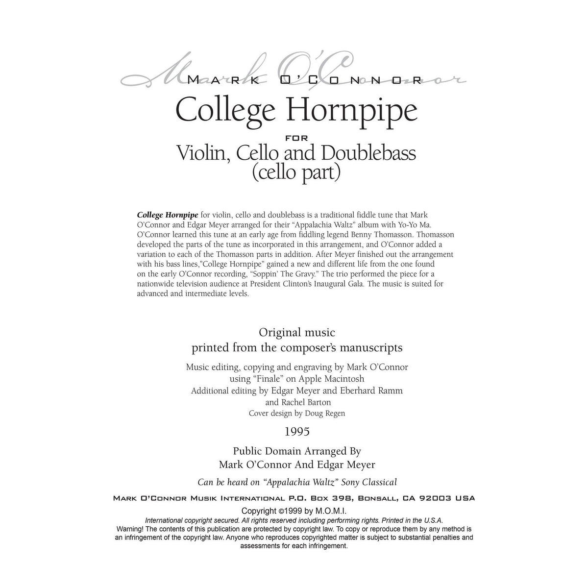 O'Connor, Mark - College Hornpipe for Violin, Cello, and Bass - Cello - Digital Download