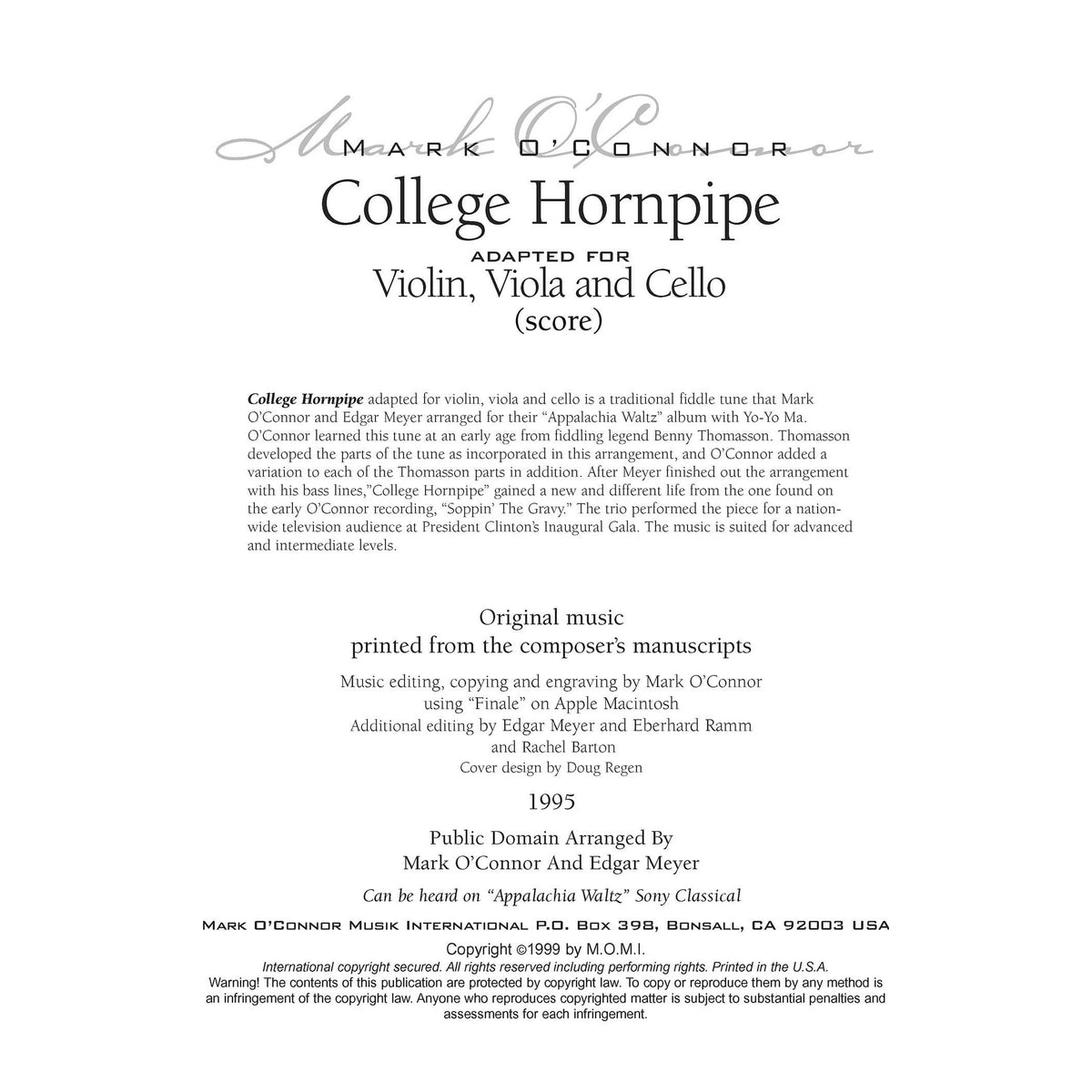 O'Connor, Mark - College Hornpipe for Violin, Viola, and Cello - Score - Digital Download