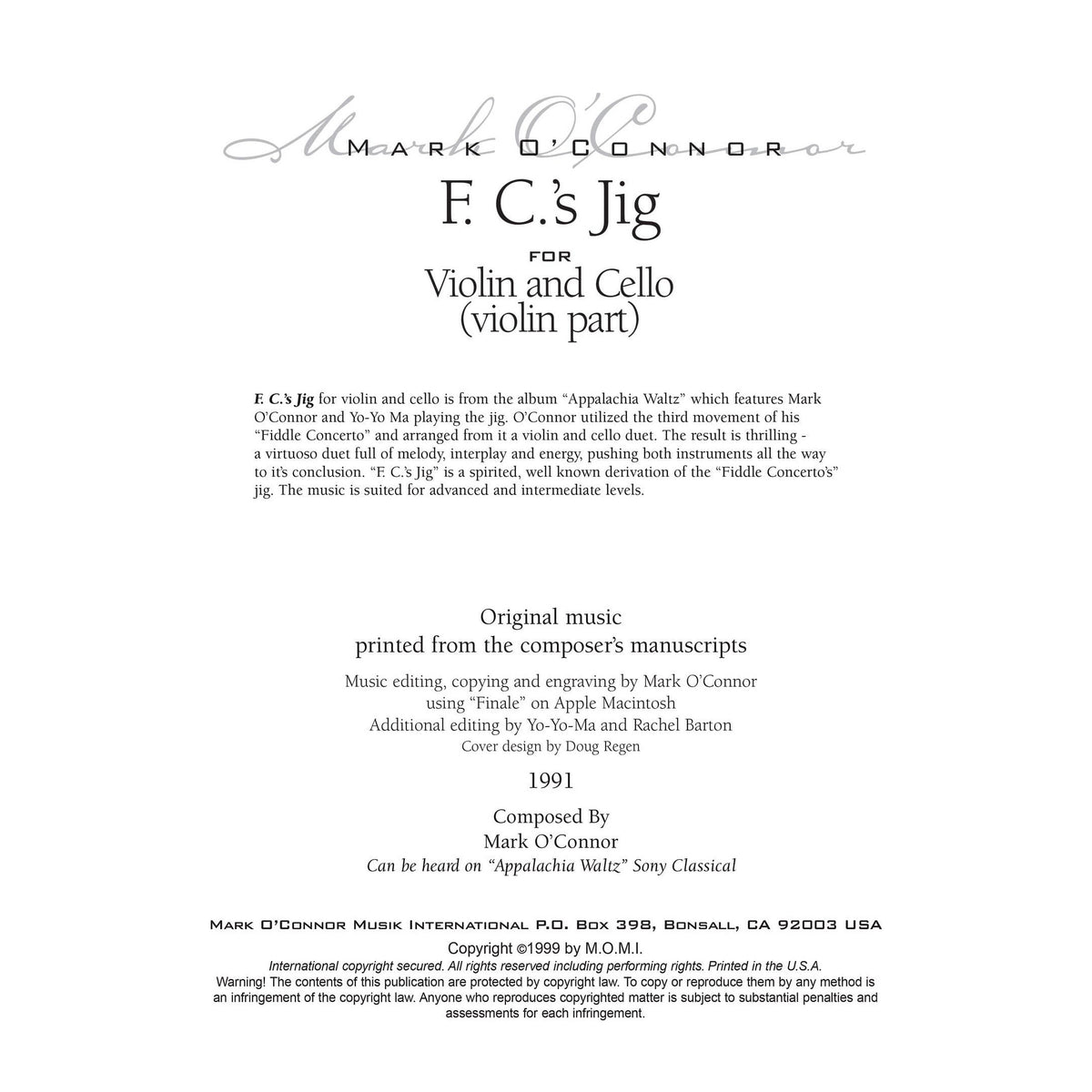O'Connor, Mark - F.C.'s Jig for Violin and Cello - Violin - Digital Download