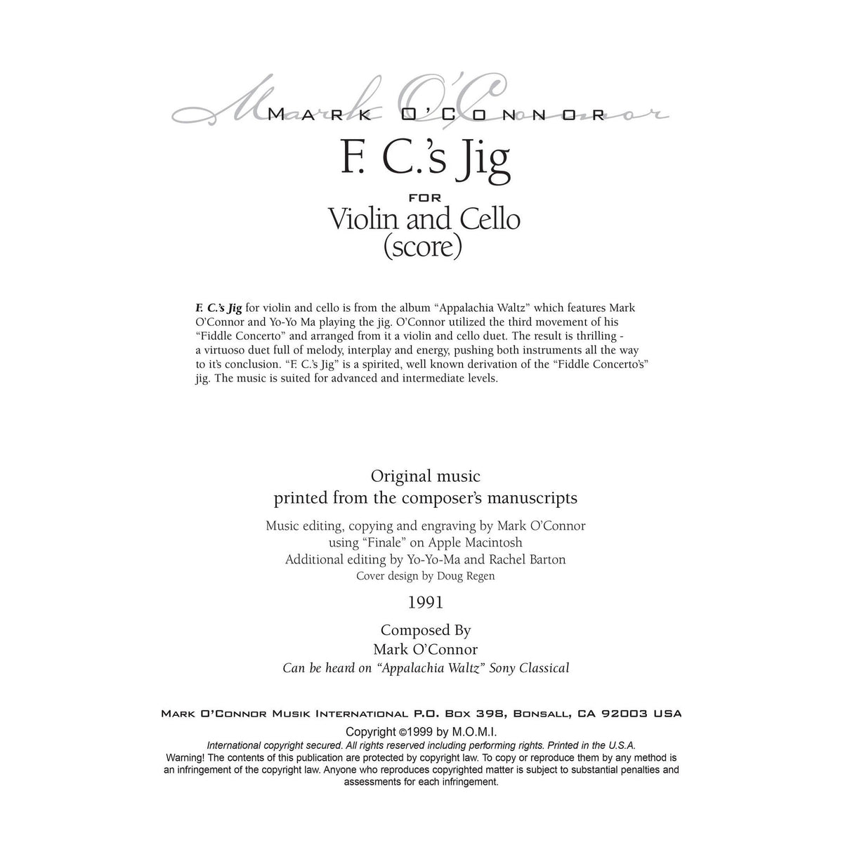 O'Connor, Mark - F.C.'s Jig for Violin and Cello - Score - Digital Download