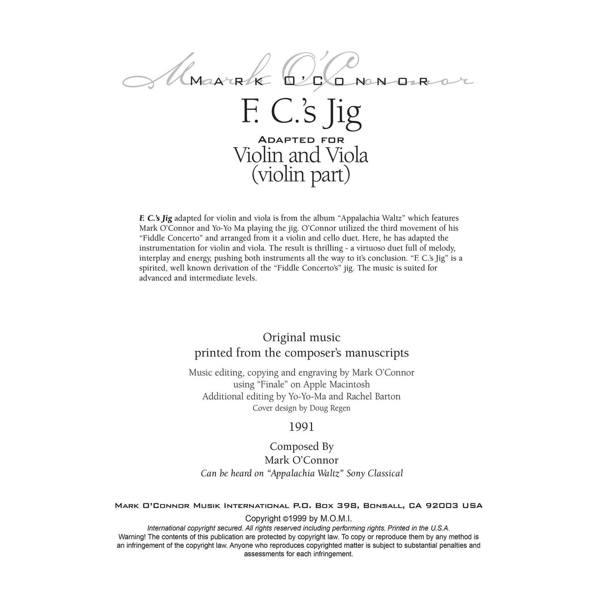 O'Connor, Mark - F.C.'s Jig for Violin and Viola - Violin - Digital Download