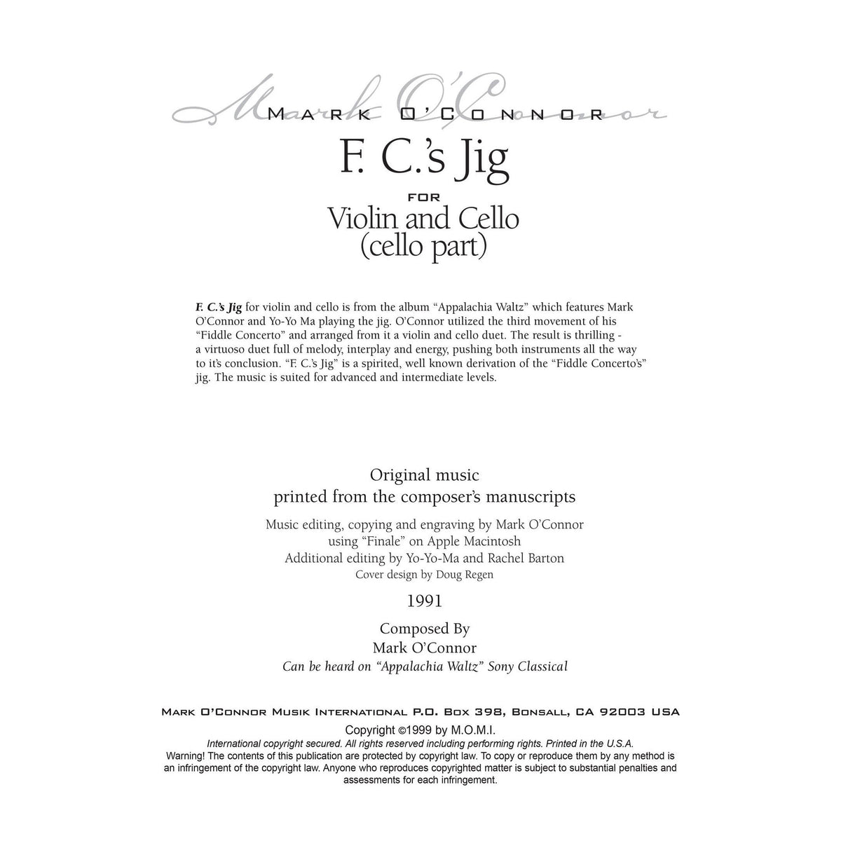 O'Connor, Mark - F.C.'s Jig for Violin and Cello - Cello - Digital Download