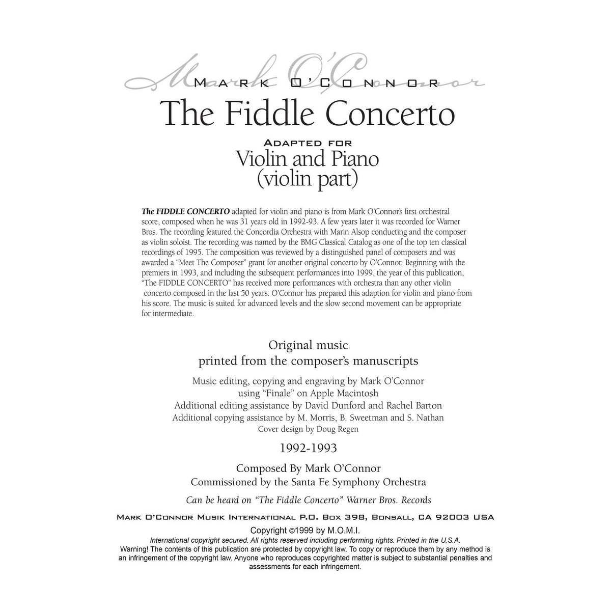 O'Connor, Mark - The FIDDLE CONCERTO for Violin and Piano - Violin - Digital Download