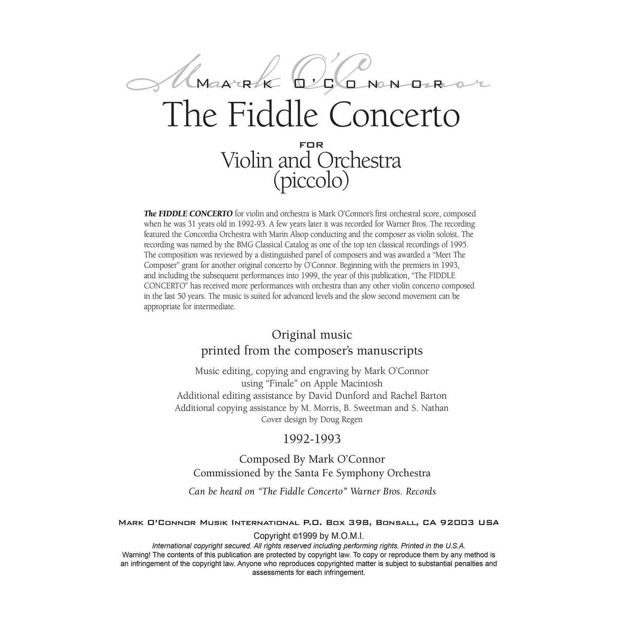 O'Connor, Mark - The FIDDLE CONCERTO for Violin and Orchestra - Wind Parts - Digital Download