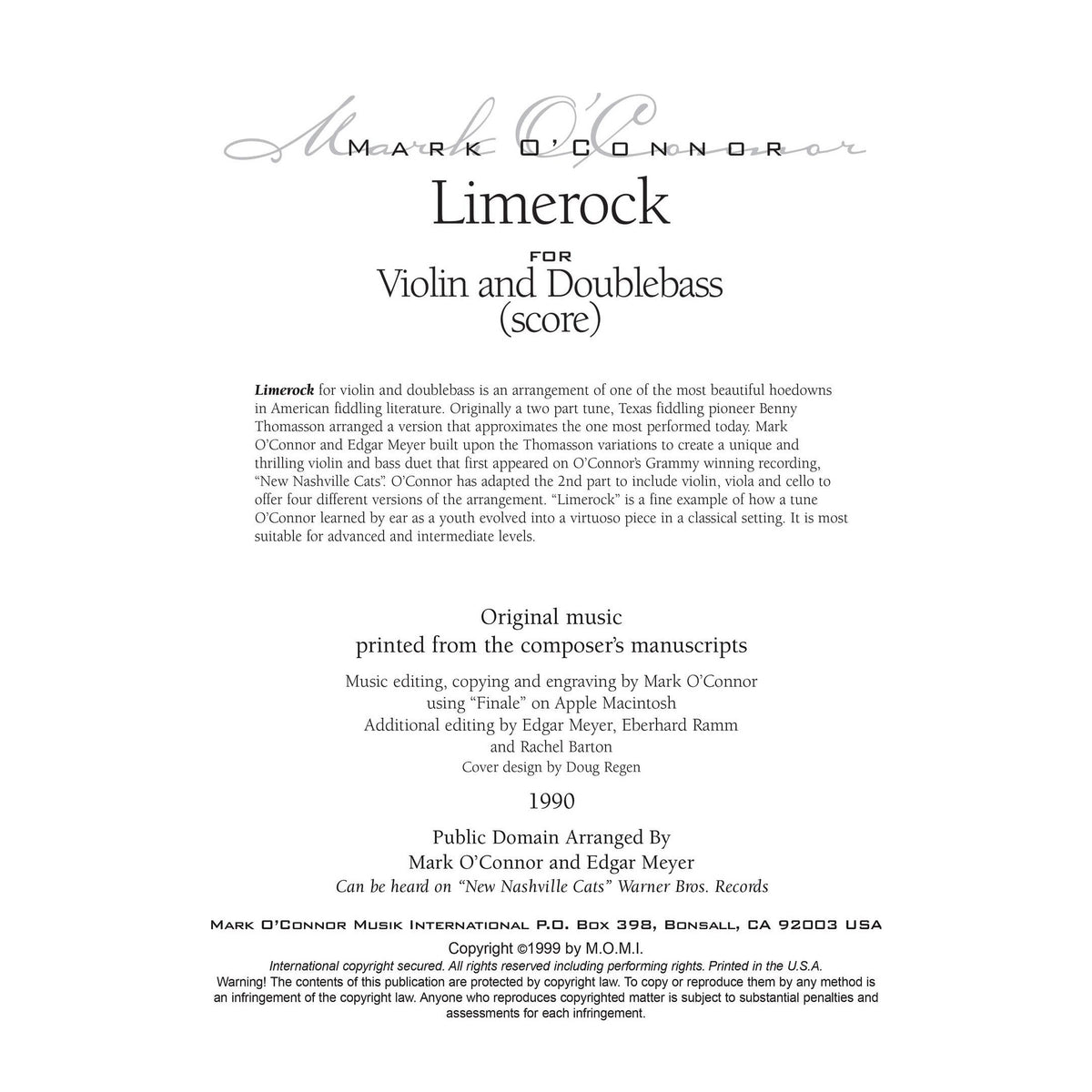 O'Connor, Mark - Limerock for Violin and Bass - Score - Digital Download