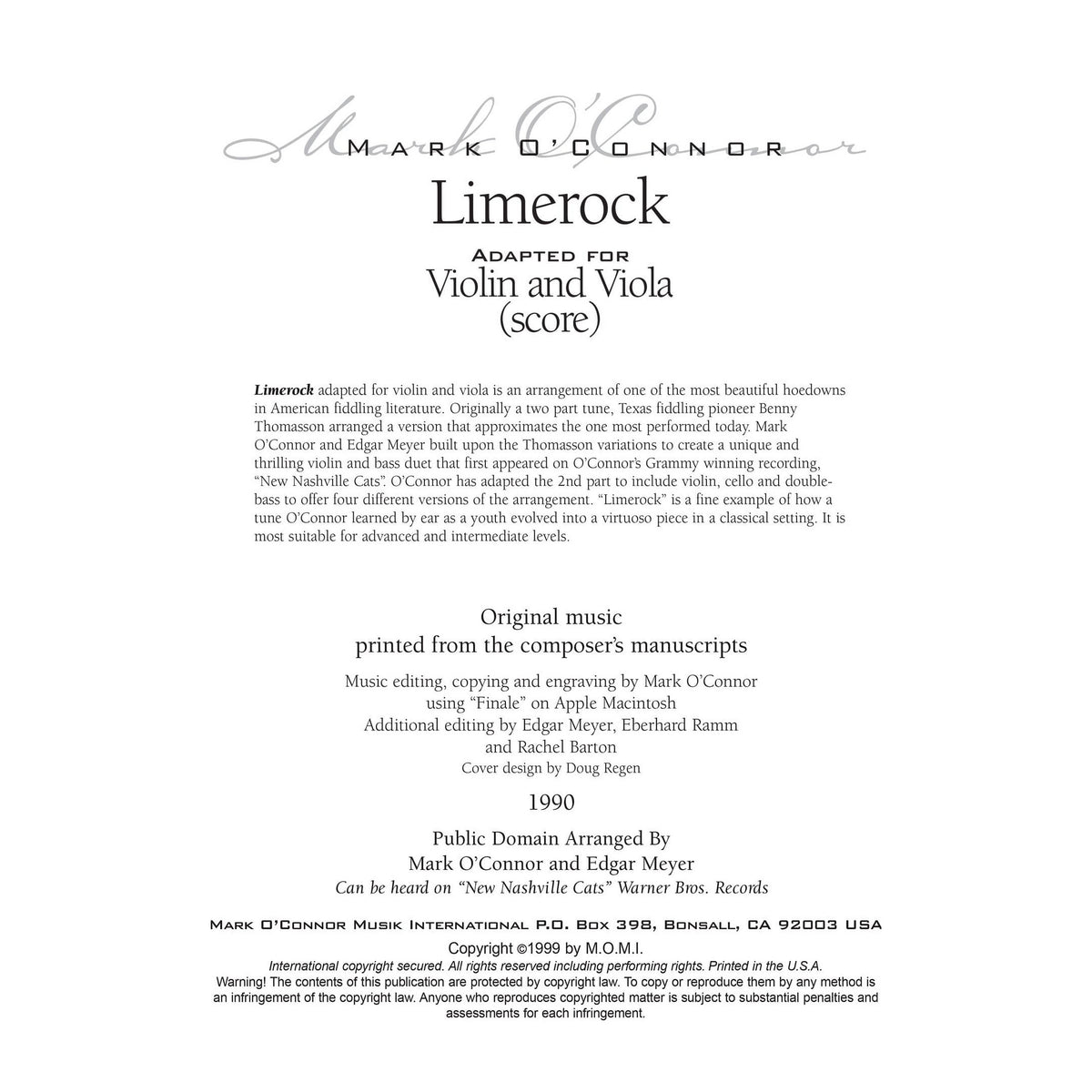 O'Connor, Mark - Limerock for Violin and Viola - Score - Digital Download