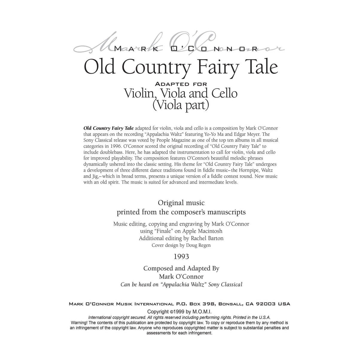O'Connor, Mark - Old Country Fairy Tale for Violin, Viola, and Cello - Viola - Digital Download