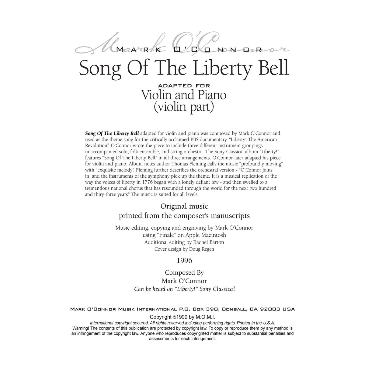 O'Connor, Mark - Song Of The Liberty Bell for Violin and Piano - Violin - Digital Download