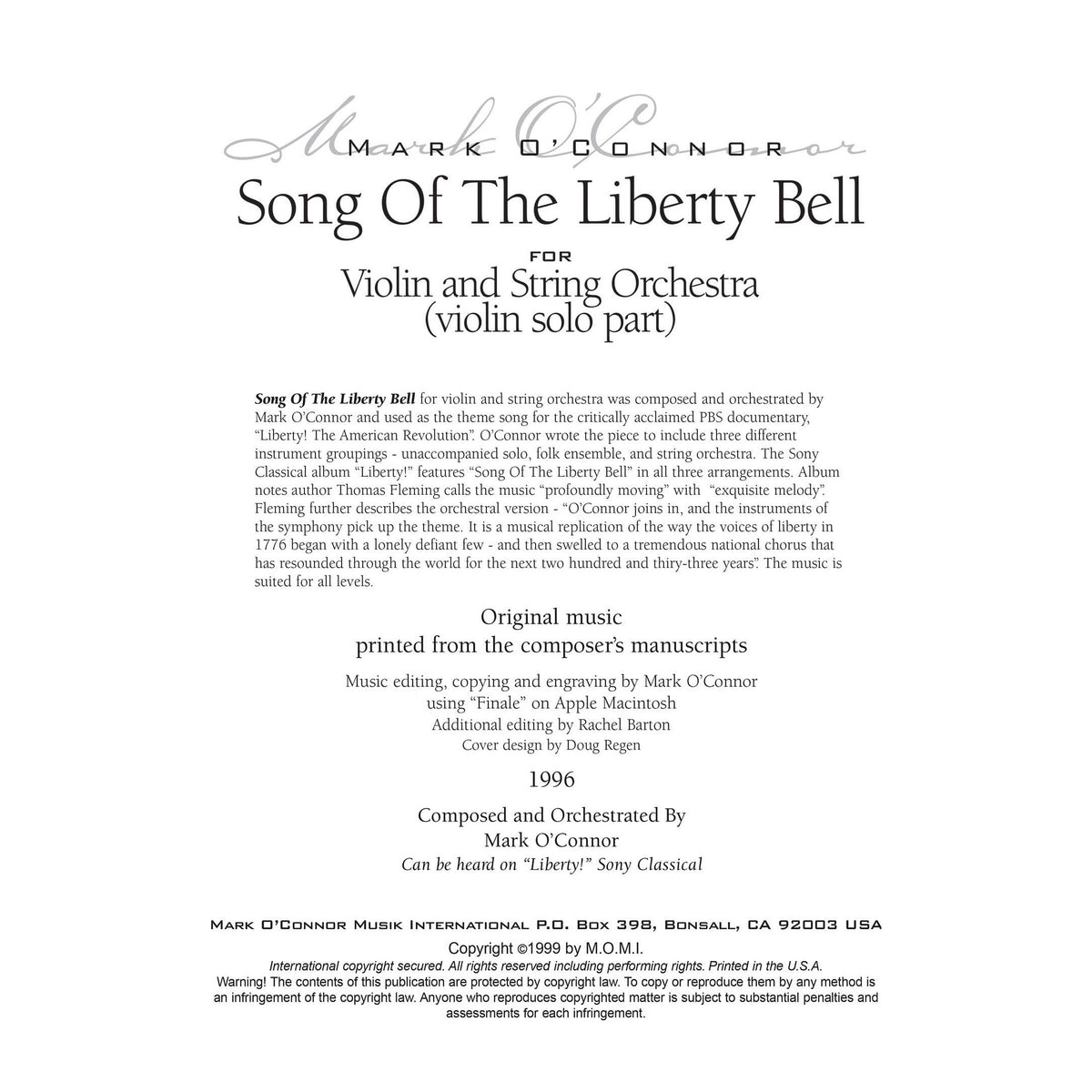 O'Connor, Mark - Song Of The Liberty Bell for Violin and String Orchestra - Solo Violin - Digital Download