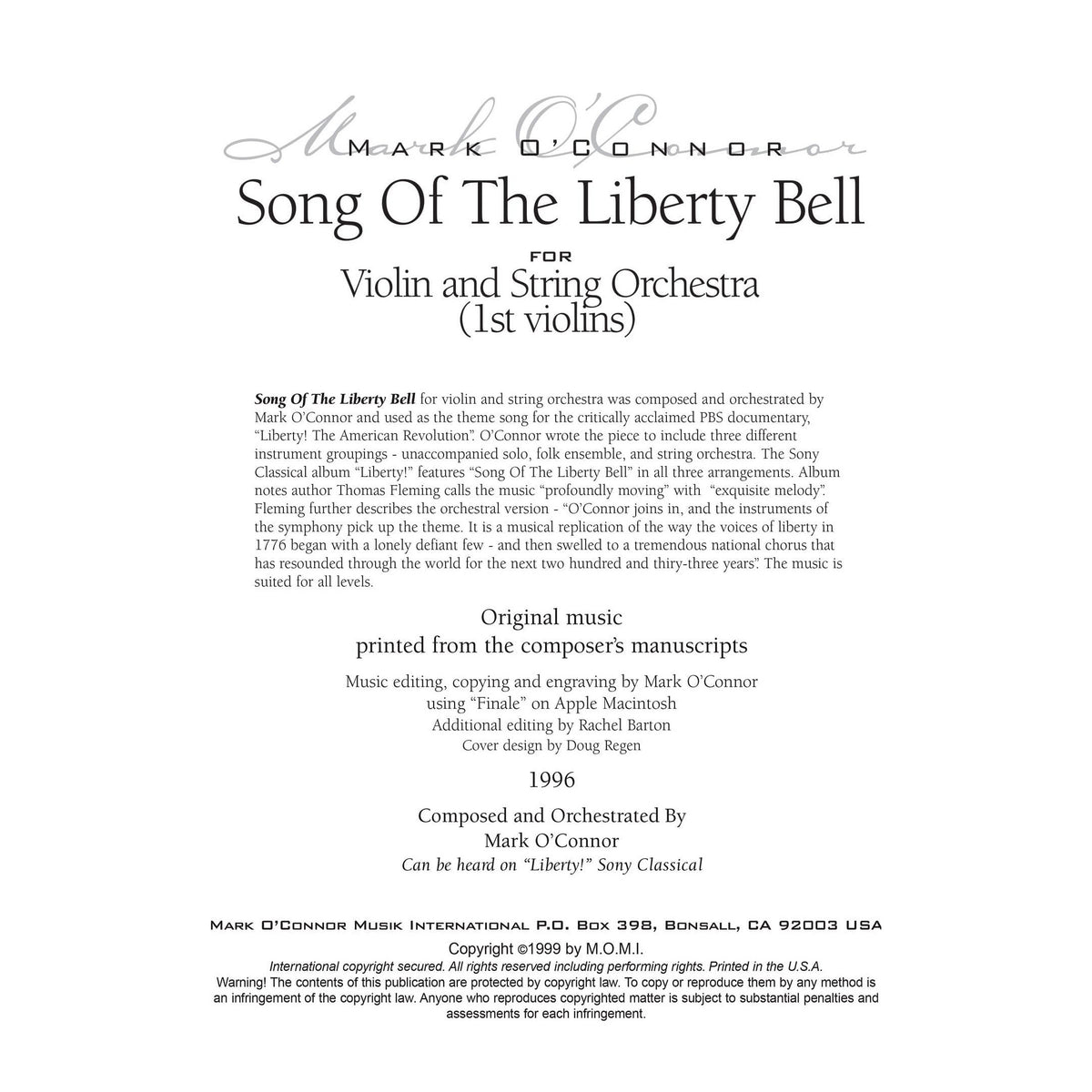 O'Connor, Mark - Song Of The Liberty Bell for Violin and String Orchestra - String Parts - Digital Download