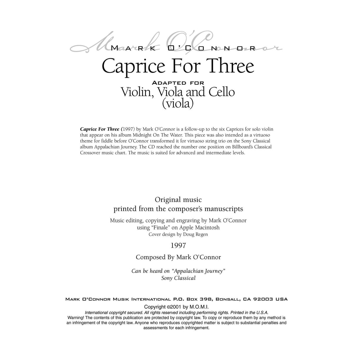 O'Connor, Mark - Caprice for Three for Violin, Viola, and Cello - Viola - Digital Download