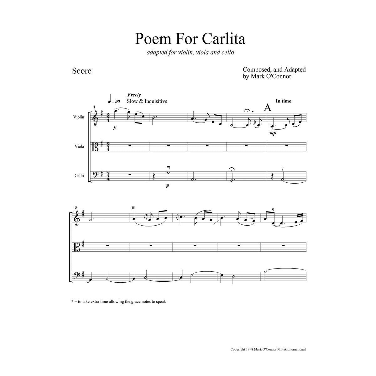 O'Connor, Mark - Poem for Carlita for Violin, Viola, and Cello - Score - Digital Download