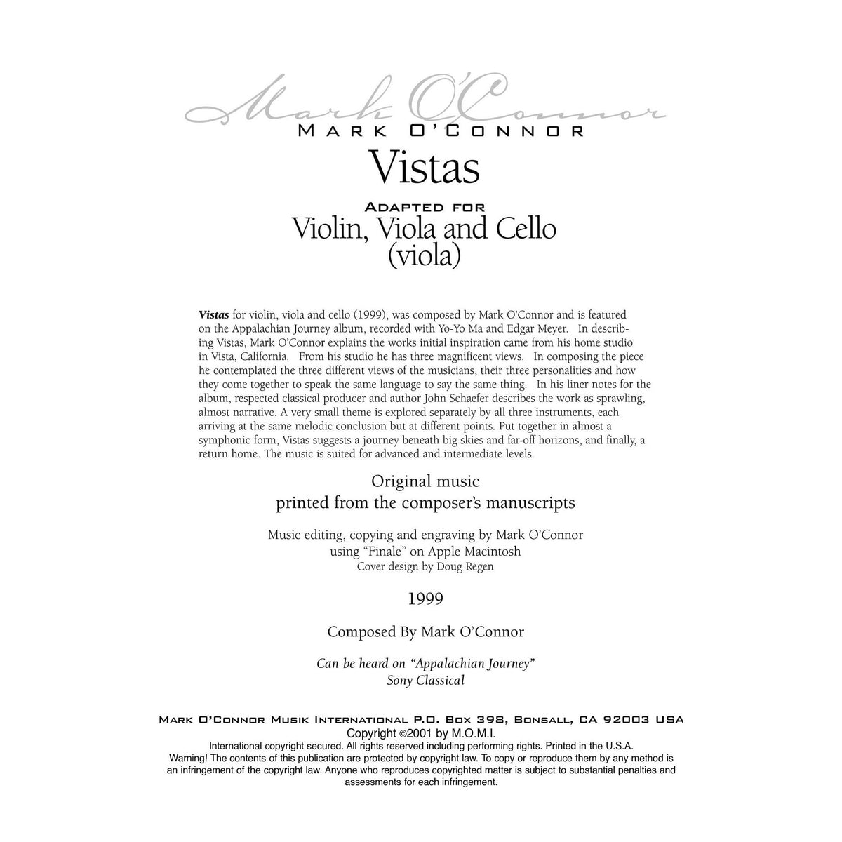 O'Connor, Mark - Vistas for Violin, Viola, and Cello - Viola - Digital Download