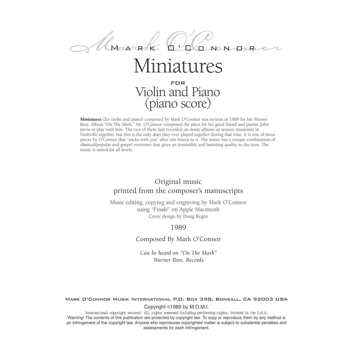 O'Connor, Mark - Miniatures for Violin and Piano - Piano Score - Digital Download