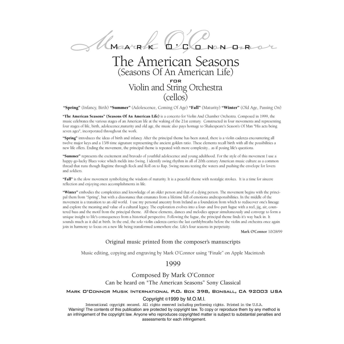 O'Connor, Mark - American Seasons for Violin and String Orchestra - Cellos - Digital Download
